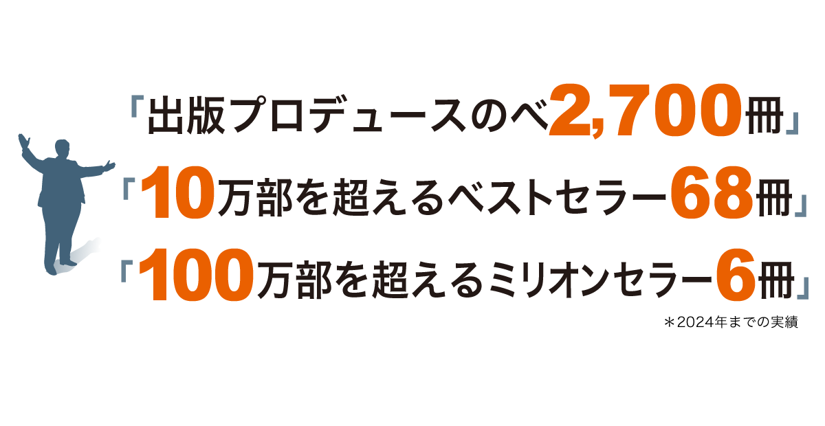「出版プロデュースのべ2,700冊」
「10万部を超えるベストセラー68冊」
「100万部を超えるミリオンセラー6冊」
＊2024年までの実績